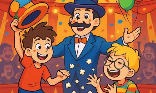 Il y a trois personnages : Martin, un garçon de 10 ans avec des cheveux bruns en bataille, un t-shirt rouge et un short bleu, souriant et tenant un chapeau de clown ; Lucas, un garçon de 10 ans avec des cheveux blonds et des lunettes rondes, vêtu d'une chemise à rayures multicolores, accroupi et riant en essayant d'attraper des grains de popcorn ; et Gustave, un homme de 40 ans avec un haut-de-forme violet, une moustache épaisse et un costume à paillettes, se tenant au centre avec les bras ouverts et un air joyeux. La scène se déroule sous un chapiteau de cirque coloré, illuminé par des lumières scintillantes, avec des ballons flottants et des spectateurs riant et applaudissant en arrière-plan. Martin et Lucas courent et sautent pour attraper des grains de popcorn, tandis que Gustave les observe, créant une atmosphère joyeuse et pleine d'énergie.