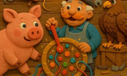 Monsieur Renard, vieil homme au visage rond, grandes moustaches orange et sourire émerveillé, tient un levier devant un grand cercle doré rempli de boutons colorés; à gauche, un énorme cochon rose aux joues rebondies regarde l'homme, pattes écartées; un aigle brun perché sur une caisse observe la scène; l'atelier encombré, étagères penchées, outils et fils multicolores, murs en planches et lumière chaude d'une ampoule; au sol, le cercle téléporteur doré étincelle, boutons multicolores et éclats de pâte à modeler; le trio vient juste d'apparaître, ambiance joyeuse, colorée et un peu farfelue.