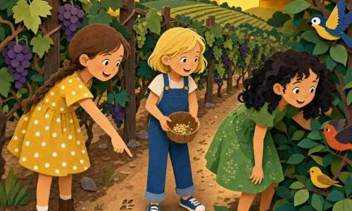 Trois fillettes dans un vignoble en fin d'après-midi : à gauche une fillette de 8 ans aux cheveux bruns en tresse et robe jaune à pois blancs qui montre des empreintes dans la terre, au centre une fillette de 7 ans aux cheveux blonds courts en salopette bleue tenant un petit panier ouvert avec miettes et graines, à droite une fillette de 8 ans aux cheveux bouclés noirs en robe verte penchée vers un bosquet où plusieurs petits oiseaux colorés picorent des grappes de raisin ; elles viennent de suivre les empreintes, posent des miettes près des vignes pour attirer les oiseaux, affichent des expressions curieuses et joyeuses ; vignoble aux rangées régulières sur sol marron clair, treillis en bois, grappes de raisin violet et vert, bosquet aux feuilles découpées façon papier, composition simple aux formes nettes, bords papier déchiré, couleurs vives et lumière chaude.