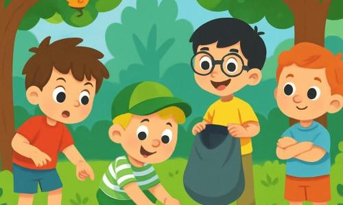 Quatre enfants sont présents : Max, un garçon de 7 ans aux cheveux bruns en bataille, portant un t-shirt rouge et un short bleu, pointe un papier par terre avec curiosité. Tom, 6 ans, cheveux blonds, casquette verte et t-shirt à rayures, est accroupi en ramassant un déchet avec un sourire. Léo, 7 ans, cheveux noirs et lunettes, vêtu d'un t-shirt jaune et d'un pantalon beige, tient un sac en plastique pour les déchets et regarde ses amis avec enthousiasme. Sam, 6 ans, cheveux roux, t-shirt bleu clair et short orange, se tient debout, les bras croisés, avec un regard déterminé. La scène se déroule dans une forêt verdoyante, où les enfants découvrent des déchets et décident de les ramasser pour préserver la beauté de la nature, travaillant ensemble avec le sourire.