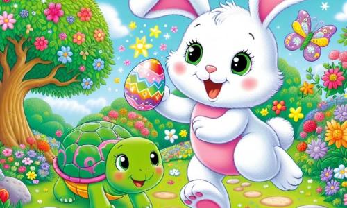 Un petit lapin nommé Loulou, avec un pelage blanc et de grandes oreilles roses, saute de joie dans un jardin coloré, tenant un œuf de Pâques brillant. À proximité, une tortue verte nommée Tilly, souriante, l'observe en savourant une fraise. Le jardin regorge de fleurs multicolores et d'œufs de Pâques cachés, tandis que Loulou découvre les œufs scintillants, entouré d'étoiles magiques.