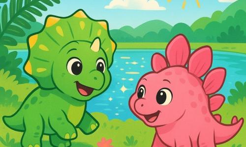 Un petit tricératops nommé Tiko, avec une peau verte et une collerette ornée de motifs jaunes, affiche un sourire émerveillé au bord d'un lac mystérieux. À ses côtés, Stella, une stégosaure aux plaques dorsales roses, l'observe avec enthousiasme. Le lac est entouré de fougères et de fleurs colorées, sous un ciel bleu avec des nuages blancs. Les rayons du soleil créent des éclats dorés sur l'eau. Tiko et Stella découvrent la magie du lac, émerveillés par les lumières scintillantes qui symbolisent la beauté de la nature et l'amitié.