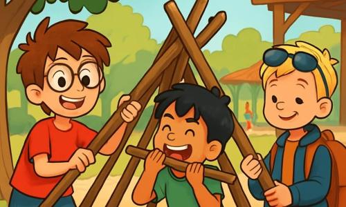 Trois garçons de 8 ans sont présents : Arthur, avec des cheveux châtains en bataille et des lunettes rondes, porte un t-shirt rouge et un short bleu, souriant en tenant une branche pour construire une cabane. Sami, avec des cheveux noirs et des yeux pétillants, est en t-shirt vert et pantalons beiges, riant en faisant semblant de ronger une branche. Lucas, aux cheveux blonds et lunettes de soleil sur le front, porte un blouson bleu et un grand cartable, tenant une grosse branche avec un sourire timide. Ils sont dans un coin ensoleillé de la cour de l'école, entourés d'arbres et d'un préau, tandis que d'autres enfants jouent au loin. Les trois amis s'activent à construire une cabane en branches, échangeant rires et gestes enthousiastes.