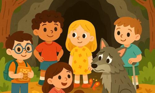 Cinq personnages se trouvent à l'entrée d'une grotte sombre : Léon, 8 ans, avec des cheveux bouclés couleur chocolat, en t-shirt rouge et short bleu ; Lucie, 7 ans, avec des cheveux dorés et une robe jaune à fleurs, curieuse à côté de Léon ; Tom, 9 ans, avec des lunettes brillantes et un sac à dos de biscuits, souriant en retrait ; Lila, 6 ans, accroupie près de la grotte, observant un papillon ; et Max, 8 ans, avec une béquille, regardant le loup avec compassion. La scène montre le loup triste, assis avec une patte blessée bandée par les enfants, qui s'approchent pour lui offrir leur aide et des biscuits, symbolisant l'amitié et la compassion.