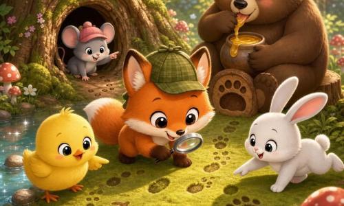 Petit Renard détective : renard roux chibi aux grands yeux et grosse queue duveteuse, casquette verte et loupe, penché sur des empreintes dans la mousse; Poussinette : poussin jaune rond montrant ses petites traces près d’une mare boueuse à gauche; Gros Ours : ours brun chibi assis sur une souche à droite, léchant du miel près d’une grande empreinte; Mademoiselle Souris : petite souris grise chibi à l’entrée d’un arbre creux montrant de minuscules empreintes; Lapin Fripon : lapin blanc chibi bondissant et indiquant des traces variées; lieu : clairière forestière pastel avec mousse, champignons rouges à pois, arbres aux troncs lisses, mare scintillante et lumière tamisée; situation : le Petit Renard enquête sur des empreintes diverses tandis que ses amis forment une ronde joyeuse autour de la tanière, atmosphère ludique et chaleureuse.