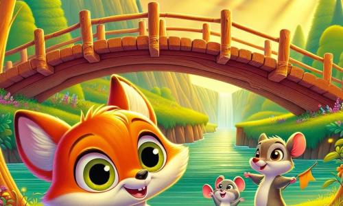 Lila la renarde, avec son pelage orange vif et ses grands yeux curieux, se tient au centre de la scène, souriante et pleine d'espoir, regardant un pont en bois qu'elle a aidé à construire. À ses côtés, Mina la souris, petite et grise, saute de joie avec un petit drapeau fait de feuilles. Samir le jeune cerf, avec son pelage brun, observe avec fierté. Le lieu est une vallée verdoyante, baignée de lumière dorée, avec des arbres majestueux et une rivière scintillante. Le pont en bois, symbole d'unité et de paix, relie deux rives. Lila et ses amis célèbrent la fin de la construction, entourés de fleurs colorées et d'autres animaux applaudissant, créant une atmosphère joyeuse.