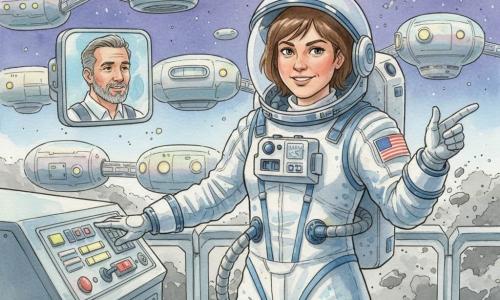 Claire, femme astronaute d'environ 30 ans, visage déterminé et souriant, cheveux bruns courts sous son casque dégrafé, porte une combinaison spatiale blanche et bleue aux taches d'aquarelle; elle se tient sur la passerelle d'un module, une main sur un panneau de contrôle, l'autre pointant vers un archipel d'habitats modulaires flottants. Sur un petit écran flottant à gauche, le commandant Vega, ~45 ans, barbe grise courte, expression bienveillante et fière, la félicite. Les habitats ovales et cylindriques, reliés par passerelles translucides, ont des surfaces métalliques aux reflets pastel et de petites fenêtres rondes éclairées; en arrière-plan, un ciel spatial indigo-violet étoilé et un champ de débris lointain en ombres grises. Ambiance : arrivée et inspection, émerveillement et soulagement après la traversée, textures aquarelle délicates suggérant lumière et mouvement.