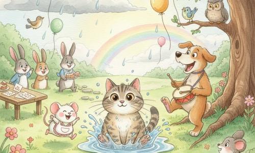 Un chat tigré gris et beige nommé Félix, aux grandes moustaches et yeux noisette, est surpris et joyeux, trempé dans une flaque éclaboussante ; à gauche, une petite souris ronde blanche, Mimi, en tablier rit en roulant sur l'herbe ; à droite, un chien brun clair nommé Max, oreille tombante et tambour rouge, aboie en frappant du pied près d’un arbre. Autour d’eux, des lapins, des oiseaux colorés et un vieux hibou sourient. Le jardin de la tortue présente une pelouse verte, fleurs multicolores, un arbre aux racines apparentes, un chemin de pierres moussues et une petite table en bois avec invitations et miettes de gâteau. Des ballons rouges, bleus et jaunes flottent et se coincent dans les branches, certains s'envolant vers le ciel mi-orageux où tombent quelques gouttes, un rayon de soleil perce et un arc-en-ciel apparaît. Style aquarelle doux, couleurs pastel vives, traits ronds et textures floues, ambiance chaleureuse et joyeuse.