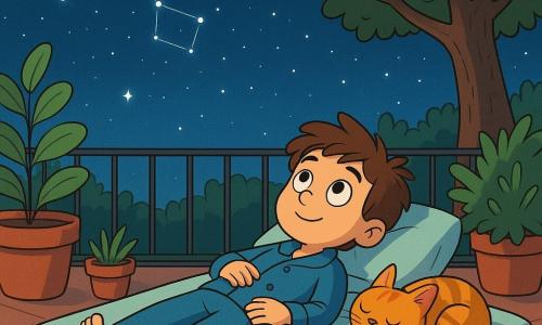 Un garçon de 10 ans, Adrien, est allongé sur un matelas sur la terrasse, admirant le ciel étoilé. Il a des cheveux bruns ébouriffés et porte un pyjama bleu. À côté de lui, son chat Biscotte est pelotonné, ronronnant. La terrasse est entourée de plantes en pot, et un tilleul projette une ombre douce. Le ciel est rempli d'étoiles, avec la Grande Ourse visible. L'atmosphère est paisible et magique, capturant un moment de tranquillité sous les étoiles.