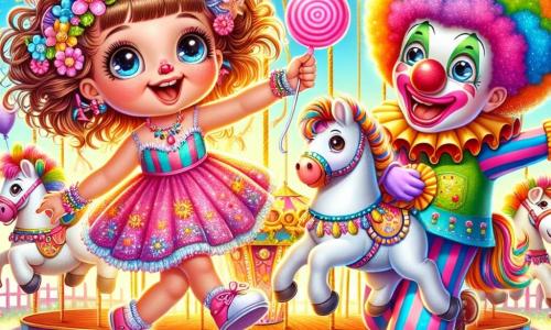 Mia, une petite fille de 4 ans aux grands yeux brillants et aux cheveux bouclés, porte une robe colorée ornée de paillettes. Elle saute de joie avec un bonbon rose à la main et un grand sourire. À côté d'elle, un clown joyeux d'environ 30 ans, avec un grand nez rouge et des cheveux multicolores, fait des grimaces tout en tenant un ballon en forme d'animal. En arrière-plan, un manège coloré tourne avec des chevaux scintillants sous le soleil, entouré de guirlandes lumineuses et de ballons flottants. Le jardin festif est rempli de rires et de couleurs éclatantes, où des enfants dansent et s'amusent. Mia s'amuse au carnaval, entourée de magie et de joie, prête pour une journée inoubliable.