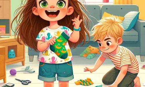 Léonie, une fille de 12 ans aux longs cheveux bruns en désordre et aux yeux malicieux, rit en tenant une chaussette verte à motifs de dinosaures. Elle porte un t-shirt coloré et un short en jean. À côté d'elle, son frère Jules, 9 ans, aux cheveux blonds en bataille et au sourire espiègle, cherche sous le canapé, entouré de coussins. La scène se déroule dans un salon lumineux aux murs jaunes, avec un canapé moelleux et des jouets éparpillés, créant une ambiance chaleureuse. Léonie et Jules sont en pleine chasse à la chaussette disparue, tandis que leur chat Pistache les observe, ajoutant une touche de magie à cette aventure familiale.