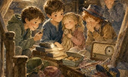 Cinq enfants dans un grenier lumineux vu depuis le bas de l'escalier : Arthur, ~9 ans, cheveux bruns courts, sérieux mais doux, assis au centre gauche, main sur l'épaule de sa petite sœur protectrice ; Zoé, ~5 ans, blonds en couettes, robe pastel poussiéreuse, yeux mi-clos, tient un doudou-cape ; Lucas, ~10 ans, châtain, sourire malicieux, à gauche d'Arthur, penché vers la table basse avec un petit sifflet ; Malo, ~9 ans, roux et taches de rousseur, à droite d'Arthur, coiffé d'un vieux chapeau, faisant une grimace étouffée ; Théo, ~10 ans, cheveux noirs en brosse, timide, en arrière-plan à droite, main près de la bouche comme pour retenir un rire. Le lieu : poutres apparentes, cartons empilés, lucarne diffusant une lumière douce, lampe de poche allumée sur une pile de livres, particules de poussière dorée en suspension ; objets anciens (chapeaux colorés, boîte de madeleines entrouverte, vieille radio au cadran craquelé, tissus à paillettes, petite boîte étiquetée 