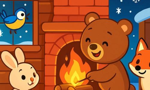 Un ours en peluche doux et rond, avec un pelage brun et des yeux pétillants, se tient devant une cheminée, souriant. Il arrange des bûches, tenant une allumette. À ses côtés, un petit lapin aux grandes oreilles blanches regarde le feu avec émerveillement. Une mésange colorée chante sur le rebord de la fenêtre, et un renard roux se tient près de la porte, souriant. Le chalet en bois, décoré de guirlandes lumineuses, est entouré de neige scintillante et de flocons qui tombent. À l'intérieur, la pièce est chaleureuse, remplie de lumière dorée. L'ours et ses amis chantent près du feu, créant une atmosphère joyeuse et festive.
