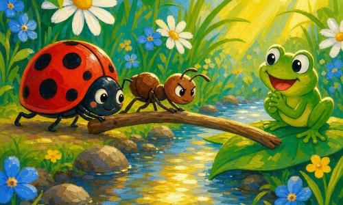 Une coccinelle rouge à points noirs souriante pousse une brindille pour faire un pont pendant qu'une fourmi brune la tire, une grenouille verte attend sur une feuille au bord d'un ruisseau dans un jardin coloré aux fleurs et au soleil, scène chaleureuse et arrondie.