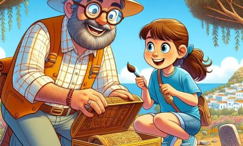 Monsieur Léon, homme d'âge moyen avec des lunettes rondes et une barbe poivre et sel, porte un chapeau de soleil beige et une chemise à carreaux. Il est accroupi, tenant un pinceau et un rouleau de papyrus, souriant avec excitation en découvrant un coffre ancien enfoui. À ses côtés, Clara, jeune archéologue de 12 ans avec une queue de cheval et un t-shirt bleu, observe les symboles du rouleau avec curiosité. Le site de fouilles, situé sur une île ensoleillée entourée d'oliviers et de fleurs colorées, présente un sol parsemé de pierres anciennes sous un ciel bleu éclatant. Ensemble, ils découvrent un coffre en bois mystérieux rempli de trésors anciens, symbolisant la magie de l'exploration archéologique.