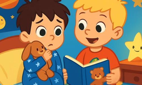 Sami, un petit garçon de 3 ans aux cheveux bruns en bataille et aux grands yeux curieux, est assis sur son lit en pyjama bleu avec des étoiles, tenant son doudou et affichant une expression inquiète. À ses côtés, Léo, également âgé de 3 ans, a des cheveux blonds et des yeux pétillants. Il porte un t-shirt rouge avec un dinosaure et sourit en tenant un livre ouvert, prêt à lire une histoire. La scène se déroule dans la chambre de Sami, aux murs bleu clair décorés de posters de planètes et d'étoiles, avec une veilleuse en forme d’étoile projetant des ombres douces. Léo lit à Sami une histoire réconfortante sur Petit Ours, créant une atmosphère chaleureuse et amicale.