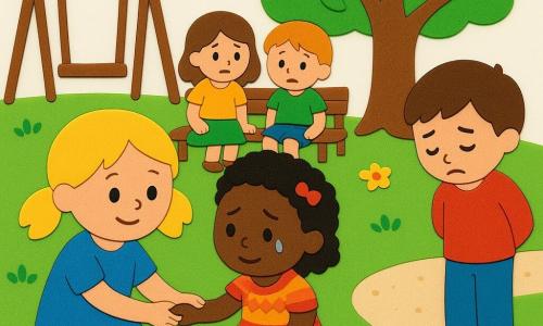 Alice, 4 ans, visage rond, cheveux blonds en couettes, s'agenouille pour consoler Fatou, 4 ans, d'origine africaine, peau foncée, cheveux frisés avec une barrette et robe traditionnelle colorée : elle pleure puis esquisse un sourire; un garçon d'environ 6 ans, à la peau claire, regarde le sol, honteux, mains derrière le dos à quelques pas; deux autres enfants d'environ 5 ans, une fille et un garçon, sont assis sur un banc en arrière-plan, hésitants; lieu : petit parc ensoleillé avec un grand cerisier, herbe parsemée de fleurs, une balançoire en bois et un chemin de gravier beige; situation : Alice console Fatou après une dispute, gestes tendres et sourires timides, atmosphère de tolérance et d'amitié naissante.