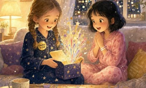 Deux filles de 9 ans, Lila (cheveux châtain clair en deux nattes, robe de pyjama étoilée, badge 