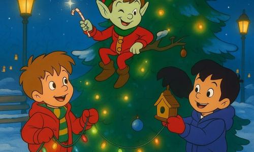 Quatre personnages décorent un grand sapin public dans un parc enneigé la veille de Noël : Léo, 6 ans, cheveux châtain clair en bataille, veste rouge à capuche et écharpe rayée verte et jaune, tient une grosse guirlande brillante au pied de l’arbre en regardant le lutin avec émerveillement ; Noé, 5 ans et demi, cheveux bruns courts, pyjama à pingouins sous une doudoune bleue et bottes de pluie, tend une guirlande en souriant ; le Lutin Farceur, petit être magique à la peau vert pâle, chapeau pointu en houx, mini-couronne et manteau rouge, perché sur une branche centrale, cligne de l’œil et agite une mini-baguette en sucre d’orge étincelante ; une fillette du quartier, 7 ans, cheveux noirs en queue de cheval et manteau violet avec moufles rouges, accroche une petite maison pour oiseaux sur une branche basse. Lieu et ambiance : grand sapin couvert de neige poudreuse au centre, bancs et lampadaires anciens diffusant une lumière chaude, sentier à peine enneigé et maisons éclairées en arrière-plan sous un ciel étoilé ; les enfants posent guirlandes multicolores et lumières scintillantes tandis que le lutin provoque de petites surprises amicales (bonnets qui sautent, oiseaux qui viennent se poser), créant une atmosphère de conte chaleureux entre rires, traînées lumineuses et flocons en suspension.