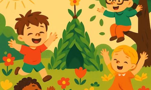 Un petit garçon de 2 ans, Tom, avec des cheveux bruns en bataille et un grand sourire, saute de joie dans un jardin ensoleillé. À côté de lui, Lili, une petite fille de 3 ans aux cheveux blonds tressés, danse entourée de fleurs colorées. Max, un garçon de 4 ans avec des cheveux châtains et des lunettes, grimpe à un arbre en lançant des feuilles. Zoé, une petite fille de 3 ans aux cheveux bouclés, est allongée sur l'herbe en riant. Le jardin est rempli de fleurs éclatantes, de grands arbres et d'une pelouse bien entretenue. Au centre, un château fait de branches est en construction, avec une petite fleur en haut comme drapeau. Les enfants s'amusent ensemble, créant un moment de bonheur et d'amitié.