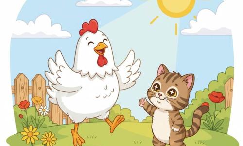 Poupette, une poule blanche joyeuse aux ailes légèrement relevées et au petit peigne rouge, fait un petit bond pendant que Moustique, un petit chat tigré aux yeux brillants et à la queue dressée, se tient sur ses pattes arrière en imitant sa danse dans un jardin ensoleillé à l'herbe verte parsemée de marguerites et de coquelicots, graines au sol, clôture en bois clair et ciel bleu pâle avec soleil jaune et nuages moelleux; ambiance douce, gaie et couleurs vives.