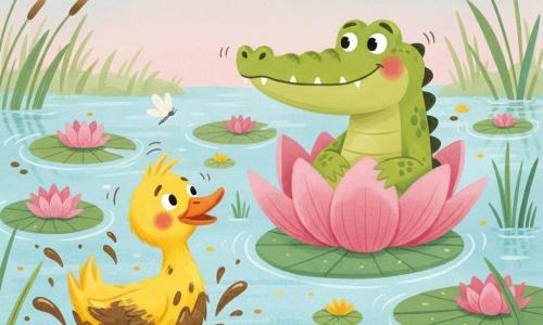Un crocodile vert au large sourire et joues rosées se cache derrière un grand nénuphar rose (on ne voit que sa tête et ses pattes), tandis qu'un canard jaune au bec orange et poitrine boueuse émerge d'une flaque à gauche en le regardant avec étonnement amusé ; le marais coloré (eau bleu clair, nénuphars verts et roses, hautes herbes, libellules et fleurs flottantes) baigne dans un ciel pastel doux, la scène, simple et aux formes rondes, évoque un cache-cache joyeux avec éclaboussures et rires.