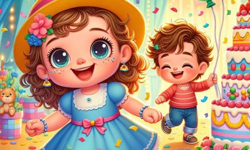 Lucie, une petite fille de 2 ans aux grands yeux et cheveux bouclés, porte une robe bleue et un chapeau jaune. Elle danse joyeusement, souriante, entourée de confettis. À côté, Tom, un garçon de 3 ans avec des cheveux bruns en bataille et une chemise rouge, rit en jouant avec des ballons, tenant un ballon vert vif. Le décor est un carnaval animé avec des stands décorés, des fleurs éclatantes et des lumières scintillantes. Des enfants dansent autour d'eux, créant une atmosphère festive. Lucie suit un petit oiseau bleu qui vole vers un gros gâteau décoré, révélant une surprise pour tous.