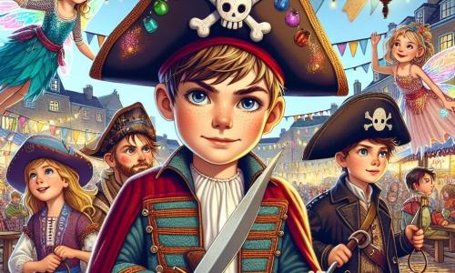 Max, un garçon de 12 ans en costume de pirate fait maison, se tient déterminé au centre de la scène, brandissant un sabre en carton. À ses côtés, Lucie, 11 ans, déguisée en fée, vole légèrement avec ses ailes scintillantes et une baguette magique en plastique. Paul, également 12 ans, en armure de chevalier, observe la scène avec courage et une épée en bois. Le décor est une place de village animée, ornée de lanternes et de bannières, où des enfants et des adultes dansent joyeusement. Ils font face à une silhouette mystérieuse en noir, menaçant de voler la joie du carnaval, et Max est prêt à défendre la magie de cette journée, éclairé par la lumière des lanternes.