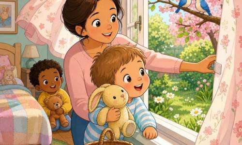 Un garçon de 2 ans, joufflu, yeux écarquillés et souriant, cheveux châtain clair courts, en pyjama rayé bleu et blanc, serre contre sa joue un doudou lapin jaune usé au nez brodé rose et regarde la fenêtre grande ouverte ; sa mère d'environ 30 ans, cheveux bruns en chignon, souriante et douce, ouvre la fenêtre derrière lui et un petit panier en osier repose sur la table ; la chambre, petite et chaleureuse, a un lit aux couvertures pastel, un tapis vert pâle et des étagères basses avec des livres colorés, des rideaux légers à fleurs roses flottent laissant entrer une lumière matinale dorée ; dehors, un jardin printanier avec herbe verte, marguerites blanches, un cerisier en fleurs roses et deux oiseaux bleus sur une branche ; scène centrée sur les personnages : l'enfant, émerveillé, se penche vers la fenêtre prêt à découvrir le printemps tandis que la mère reste proche et protectrice ; style graphique : traits ronds, contours nets et couleurs pastel vives, expressions lisibles pour un enfant de 2 ans.
