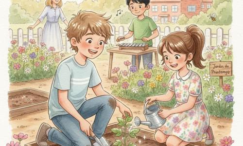Lucas, garçon de 12 ans, cheveux châtain clair en bataille, rayonnant et émerveillé, tient une petite pelle en bois et plante une jeune tomate dans un carré de terre; à sa droite, Léa, 11 ans, queue de cheval et robe à fleurs, l’arrose doucement avec un arrosoir en métal; en retrait, Paul, 12 ans, cheveux noirs et t-shirt vert, joue d’un petit xylophone en bois sur une table; leur mère, trentaine, souriante, observe depuis la barrière du jardin scolaire derrière l’école en briques rouges; allées de terre, bordures en planches, massifs de fleurs sauvages, quelques papillons et une abeille, et un panneau «Jardin du Printemps»; ambiance d’après-midi de fête du printemps, lumière chaude, ombres douces, aquarelle aux pastels modérés avec textures mouillées et contours délicats au stylo gel blanc, composition centrée sur Lucas.