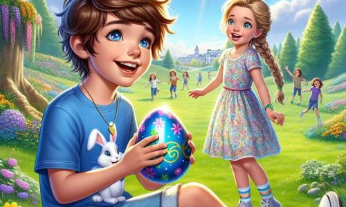 Max, un garçon de 10 ans aux cheveux châtains en bataille et aux yeux curieux, est assis dans un parc ensoleillé, tenant un œuf de Pâques brillant. Il porte un t-shirt bleu avec un motif de lapin et un short en jean, souriant d'excitation. À ses côtés, sa meilleure amie Léa, également âgée de 10 ans, a des cheveux blonds tressés et porte une robe colorée à fleurs. Elle le regarde avec émerveillement, prête à l'aider. Le parc est fleuri, avec des arbres majestueux et un ciel bleu parsemé de nuages. Des enfants jouent au loin, cherchant des œufs cachés. La scène évoque la magie de Pâques et l'amitié.