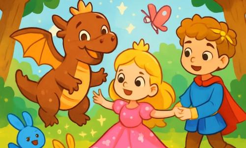 La princesse Lila, aux longs cheveux dorés et aux yeux brillants, se tient au centre d'une clairière enchantée. Elle porte une robe en satin rose ornée de fleurs scintillantes et danse, rayonnante de joie. À ses côtés, Rondo, un dragon au pelage chocolat et aux yeux doux, bat des ailes avec enthousiasme. Un jeune prince, d'environ dix ans, avec des cheveux bouclés et une couronne de feuilles d'or, lui tend la main. La clairière est baignée de lumière dorée, entourée d'arbres majestueux et de fleurs colorées, tandis que des créatures magiques dansent autour d'eux, célébrant leur amitié et la magie de la forêt sous un ciel bleu.