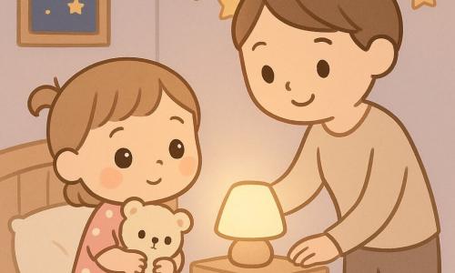 Petite fille de 2 ans au visage rond et grands yeux, timide mais rassurée, tient un doudou ours écru en peluche et est assise au bord d'un lit en robe rose à pois blancs; sa mère d'environ 30 ans, cheveux châtain en bun et sourire doux, allume une petite lampe sur la table de chevet et se penche vers elle. Chambre petite et chaleureuse aux murs lavande, couverture crème, guirlande d'étoiles au-dessus du lit, fenêtre sur un ciel étoilé; la lampe diffuse une lumière chaude créant des ombres douces, ambiance calme et sécurisante.
