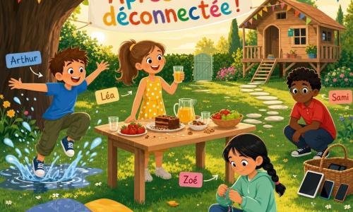 Quatre enfants dans un jardin sous un grand arbre : Léa au centre en robe jaune à pois blancs tenant un verre de jus et souriant, Arthur qui saute dans une flaque près du coin gauche avec des éclaboussures, Zoé assise à droite sur l’herbe en train d’enfiler un bracelet d’amitié, Sami accroupi près d’un panier à l’entrée où sont posés une tablette et deux téléphones, mains sur les genoux; une table en bois clair décorée de fruits et gâteaux, une banderole colorée accrochée entre deux branches indiquant Après-midi déconnectée !, herbe verte, coussins et chemin en pierres blanches menant à une cabane, ambiance de goûter en plein air en fin d’après-midi, atmosphère joyeuse et palette de couleurs vives.