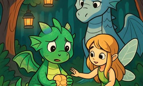 Un petit dragon nommé Luminor, aux écailles vertes scintillantes et aux ailes délicates, se tient au centre d'une clairière, inquiet et timide, tenant une pierre fendue qui émet une douce lueur. À ses côtés, Perle, une petite fée des fougères aux ailes transparentes, l'observe avec curiosité et lui tend une main réconfortante. En arrière-plan, Grand Aïlin, un grand dragon sage aux écailles argentées, se tient majestueusement, prêt à écouter. La scène se déroule dans une clairière enchantée, entourée d'arbres noueux et de lanternes qui illuminent l'atmosphère. Luminor, confiant son mensonge à ses amis, ressent peur et soulagement, tandis que la pierre, posée sur une feuille de nénuphar, brille doucement au milieu des rires et murmures des autres habitants de la vallée.