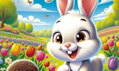 Un lapin nommé Léo, aux grandes oreilles et au pelage blanc, saute joyeusement à travers un champ de fleurs colorées, souriant et excité par les tulipes et jonquilles. À proximité, Chloé la souris, mignonne avec son pelage brun, observe les fleurs en tenant une petite fleur dans ses pattes. Max le hérisson, avec ses piquants bruns, gratte le sol, concentré sur son petit coin de jardin. Le lieu est un vaste champ ensoleillé, sous un ciel bleu avec des nuages blancs, bordé d'arbres verdoyants et où des oiseaux chantent. Léo et ses amis découvrent la beauté du printemps, prêts à planter des graines et célébrer cette saison magique.