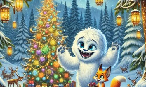 Dans une forêt enchantée, un jeune Yéti nommé Nivor, avec sa fourrure duveteuse et ses grands yeux bleu clair, se tient joyeusement au milieu d'une clairière enneigée, décorant un sapin majestueux avec des lanternes colorées. À ses côtés, un renard rusé nommé Féroce, au pelage roux éclatant, sourit tout en tenant une tarte aux baies, prêt à partager sa friandise. La clairière, entourée d'arbres majestueux recouverts de neige scintillante, est baignée d'une atmosphère féerique avec des flocons tombant doucement. Nivor et Féroce préparent le festival hivernal, entourés de magie et d'amitié, prêts à célébrer l'hiver avec leurs amis de la forêt.