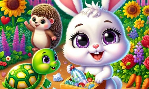 Au centre de l'image, Lila, une petite lapine aux grandes oreilles et à la fourrure blanche, sourit en tenant un bac de recyclage en bois coloré, rempli de déchets triés. À sa droite, Timmy, un hérisson aux piquants dorés, admire Lila tout en tenant une bouteille en plastique qu'il a ramassée. À gauche, Bella, une tortue à la carapace verte, se penche pour ramasser des papiers froissés, déterminée à aider. Le jardin luxuriant est rempli de fleurs colorées et de légumes. La scène montre Lila et ses amis nettoyant le jardin, riant et s'amusant, sous un soleil éclatant.