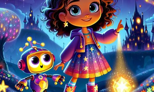 Lila, une fille de 8 ans aux yeux pétillants et aux cheveux bouclés, se tient au centre de l'image, souriante. Elle porte une robe colorée avec des motifs d'étoiles et des bottes en caoutchouc, tenant un cristal lumineux émettant une douce lueur dorée. À ses côtés, Zappy, un robot à trois bras aux couleurs vives, flotte légèrement au-dessus du sol, exprimant une amitié et pointant vers un château sombre au loin. Le décor est un royaume interstellaire avec un ciel violet parsemé d'étoiles, des arbres scintillants aux feuilles argentées et des fleurs multicolores. En arrière-plan, le château de Malgorr se dresse avec ses murs sombres, enveloppé d'une brume mystérieuse. Lila et Zappy sont prêts à affronter le sorcier Malgorr, tandis qu'une lumière éclatante émane du cristal, illuminant la scène.