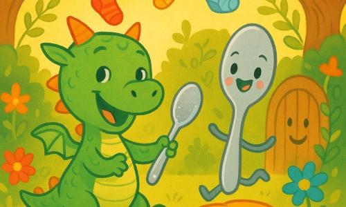 Un petit dragon nommé Pip, avec des écailles vertes et des yeux doux, rit joyeusement en tenant une cuillère scintillante. Il a un grand sourire et semble curieux, dansant sur ses petites pattes. À côté de lui, une cuillère animée, souriante, saute gaiement sur un coussin moelleux. Le décor est un jardin enchanté, rempli de fleurs colorées et de grands arbres, avec une porte en bois souriante entourée de lianes vertes. La scène, baignée de lumière dorée, crée une atmosphère joyeuse et magique. Pip et la cuillère s'amusent ensemble, dans une danse ludique, tandis que des chaussettes volantes flottent autour d'eux, ajoutant une touche d'humour à cette aventure fantastique.