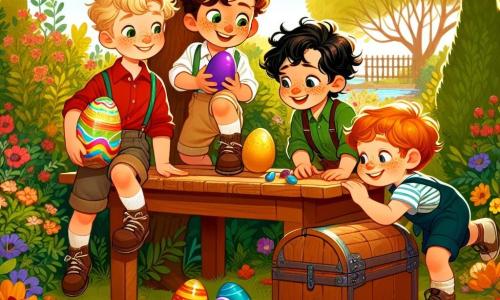 Dans un jardin ensoleillé, quatre garçons de six ans sont réunis autour d'une grande table en bois. Antoine, avec des cheveux bruns et bouclés, tient un œuf en chocolat décoré. À sa droite, Samir montre un œuf en plastique violet. À gauche, Lucas admire un œuf en chocolat doré. Enfin, Hugo cherche d'autres œufs dans un buisson. Le jardin est rempli de fleurs colorées et d'un grand chêne sous lequel se cache un coffre. Les garçons, en pleine chasse aux œufs de Pâques, rient et s'exclament, tandis que le soleil brille et que des oiseaux chantent.