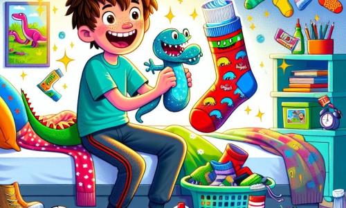 Un garçon de 12 ans, Timothée, aux cheveux bruns en bataille et aux yeux curieux, est assis sur son lit, souriant, tenant une chaussette bleue à motifs de dinosaures. À côté de lui, une chaussette rouge trouée, avec un bouchon de dentifrice en guise de casque, est prête à défier les chaussettes propres. Sa chambre est en désordre organisé, avec des bandes dessinées, des baskets colorées et un poster de foot. La lumière de la lampe crée une ambiance magique. Timothée et Chaussette Dino se préparent pour une grande fête des chaussettes, entourés de chaussettes dansantes, tandis qu'un réveil clignote sur la table de nuit.