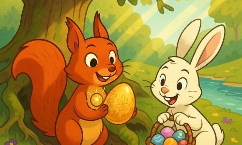 Zélie, un petit écureuil roux à la longue queue touffue, tient avec émerveillement un grand œuf doré décoré de motifs floraux tandis que Lou, un lapin blanc aux grandes oreilles roses, accroupi à ses côtés, tient un panier d’œufs colorés ; ils viennent de déterrer l’œuf sous la racine d’un vieux saule au bord d’un ruisseau clair, entourés de pierres luisantes, de tapis de primevères jaunes et violettes, la lumière du soleil filtrant entre les branches crée une atmosphère gaie et printanière aux couleurs vives.