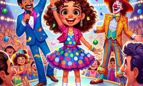 Lila, une fille de 12 ans aux cheveux châtains bouclés et aux yeux pétillants, se tient au centre de la scène, souriante, vêtue d'une robe à pois et de baskets scintillantes, entourée de confettis multicolores. À sa droite, Monsieur Loyal, un homme d'environ 40 ans en costume flamboyant avec un chapeau haut de forme, sourit en tenant un micro et salue le public. À gauche, Zozo, un clown d'une trentaine d'années avec un nez rouge, jongle avec des balles colorées tout en amusant la foule. Le chapiteau de cirque, aux couleurs vives et rempli de spectateurs émerveillés, crée une ambiance festive et magique alors que Lila active une clochette rieuse, déclenchant une pluie de confettis.