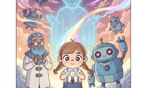 Fille de 10 ans au visage rond et taches de rousseur, couettes châtain clair, yeux grands et déterminés, tenant une montre-cristal lumineuse pointée vers le ciel ; derrière elle flotte en hologramme bienveillant le Chronomagicien d'environ 60 ans en robe brodée ; à gauche, un technomage d'environ 40 ans à la barbe électrique et lunettes rondes applaudit depuis une dalle de métal ; à droite, R3X, grand robot amical bleu aux yeux LED en forme de cœur, lève un bras en encouragement ; le champ de bataille transformé en scène mêle dalles de bois enchanté et plaques de cuivre, machines volantes et créatures magiques en arrière-plan ; la montre active une vague lumineuse formant un pont entre éclairs technologiques bleu-argent et volutes magiques rose-or, stoppant le combat ; ambiance aux couleurs pastel saturées, contours nets et lumières douces, composition centrée sur la fille, expression d’espoir et d’harmonie.