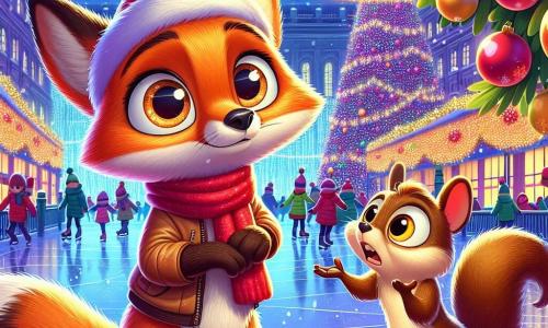 Un renard roux aux yeux curieux, portant un petit bonnet rouge, se tient au centre de la scène avec une expression déterminée. Il regarde autour de lui, prêt à partir à l'aventure pour sauver Noël. À sa droite, un écureuil brun, inquiet, gesticule sur une branche d'arbre, essayant d'expliquer la situation. Le décor est une place de ville illuminée par des guirlandes et un immense sapin décoré, entouré de flocons de neige. Des enfants patinent joyeusement sur une patinoire, tandis que des stands de marché de Noël offrent des friandises. La scène montre le renard prêt à chercher le traîneau du Père Noël, guidé par l'écureuil.