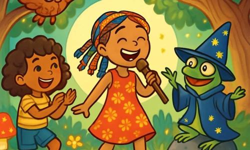 Quatre personnages se trouvent dans une clairière magique : Zélie, une fille de 10 ans avec des tresses colorées, souriante et pleine d'énergie, tient un bâton en bois comme un micro ; Lou, sa camarade aux cheveux bouclés, danse en rythme avec un t-shirt rayé et un short ; Sir Gobe-Sort, un crapaud en robe de magicien, fait des gestes théâtraux sur une pierre ; et Lord Plumetis, un hibou sage avec des lunettes, flotte au-dessus d'eux. La scène est illuminée par un cercle de lumière, entourée d'arbres tordus et de fleurs colorées qui dansent. Zélie et Lou chantent et dansent joyeusement pour résoudre l'énigme du dragon, tandis que Sir Gobe-Sort les encourage et Lord Plumetis les observe avec amusement, créant une ambiance ludique et magique.