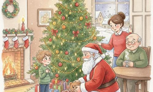 Lucas, 4 ans, émerveillé et timide, yeux brillants et cheveux châtain en bataille, se tient sur la pointe des pieds près d’un grand sapin décoré pendant que le Père Noël, robuste, barbe blanche et costume rouge, s’accroupit pour déposer un train en bois et un grand ours en peluche ; la mère Claire (30–35 ans), cheveux bruns en chignon, sourit depuis l’embrasure de la porte, M. Dupont (≈60 ans) est assis à une table avec une tasse fumante et un manteau posé sur une chaise, l’intérieur du salon est chaleureux avec cheminée allumée, guirlandes dorées, lumières jaunes et paquets colorés, la fenêtre montre le village enneigé et l’image a une texture aquarelle floutée avec détails nets au stylo gel blanc sur les reflets.