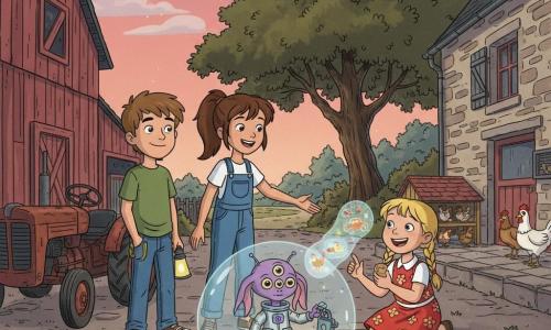 Quatre personnages dans la cour d'une ferme en pierres au crépuscule : Zoé (~9 ans) au centre, cheveux bruns en queue de cheval, salopette en jean bleue, souriante, tend la main vers l'extraterrestre ; Tom (~10 ans) à gauche, cheveux châtain courts, T‑shirt vert, main sur un vieux tracteur, lampe torche à la poche, regard curieux ; Lila (~8 ans) à droite, cheveux blonds en nattes, robe rouge à fleurs, accroupie et riant, offrant des biscuits ; Zib, petit extraterrestre violet à trois yeux et longues oreilles, en combinaison argentée à poches lumineuses, tenant une bulle brillante et projetant des hologrammes depuis un projecteur de poche posé sur un tapis solaire lumineux. La ferme présente une vieille grange rouge à gauche, un poulailler en pierres à droite avec poules, un grand chêne au fond et une terrasse de pierres ; ciel rosé étoilé et lampes solaires formant un chemin lumineux vers la bulle ; ambiance chaleureuse et émerveillée, éclairage doux et couleurs saturées, hologrammes de poules et de tracteur flottant au‑dessus.