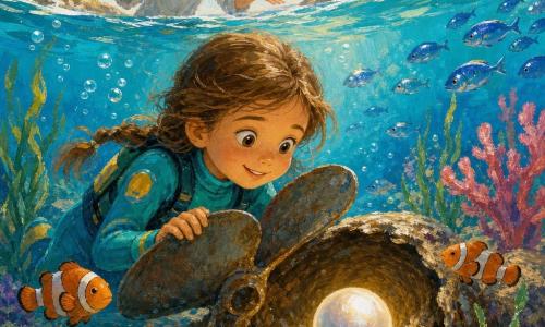 Une fillette de 6 ans, émerveillée et souriante, cheveux châtain clair en tresses et yeux curieux, porte une combinaison de plongée turquoise à patchs jaunes et se penche derrière une hélice rouillée pour contempler une grande perle irisée dans une petite grotte ; une femme adulte (sa mère, 30–35 ans) apparaît en arrière-plan, cheveux attachés et regard bienveillant, près de la surface au bord de l'eau, bras légèrement levés pour encourager. Autour d'elles, des poissons colorés (poissons-clowns orange et blanc, bancs bleus) tourbillonnent, coraux roses et violets en forme d'arbres, algues vertes ondulantes et bulles montent vers la surface sur un sable pâle. Scène de découverte sous-marine douce et sûre, lumière dorée filtrant dans l'eau, ambiance magique et sereine. Style : peinture acrylique texturée, coups de pinceau visibles, palette lumineuse de turquoises, roses corail, jaunes chauds et blancs nacrés.